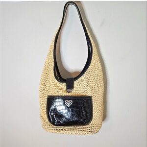 Brighton Straw Leather Hobo Shoulder Bag, Silver Accents Snap Strap Closure